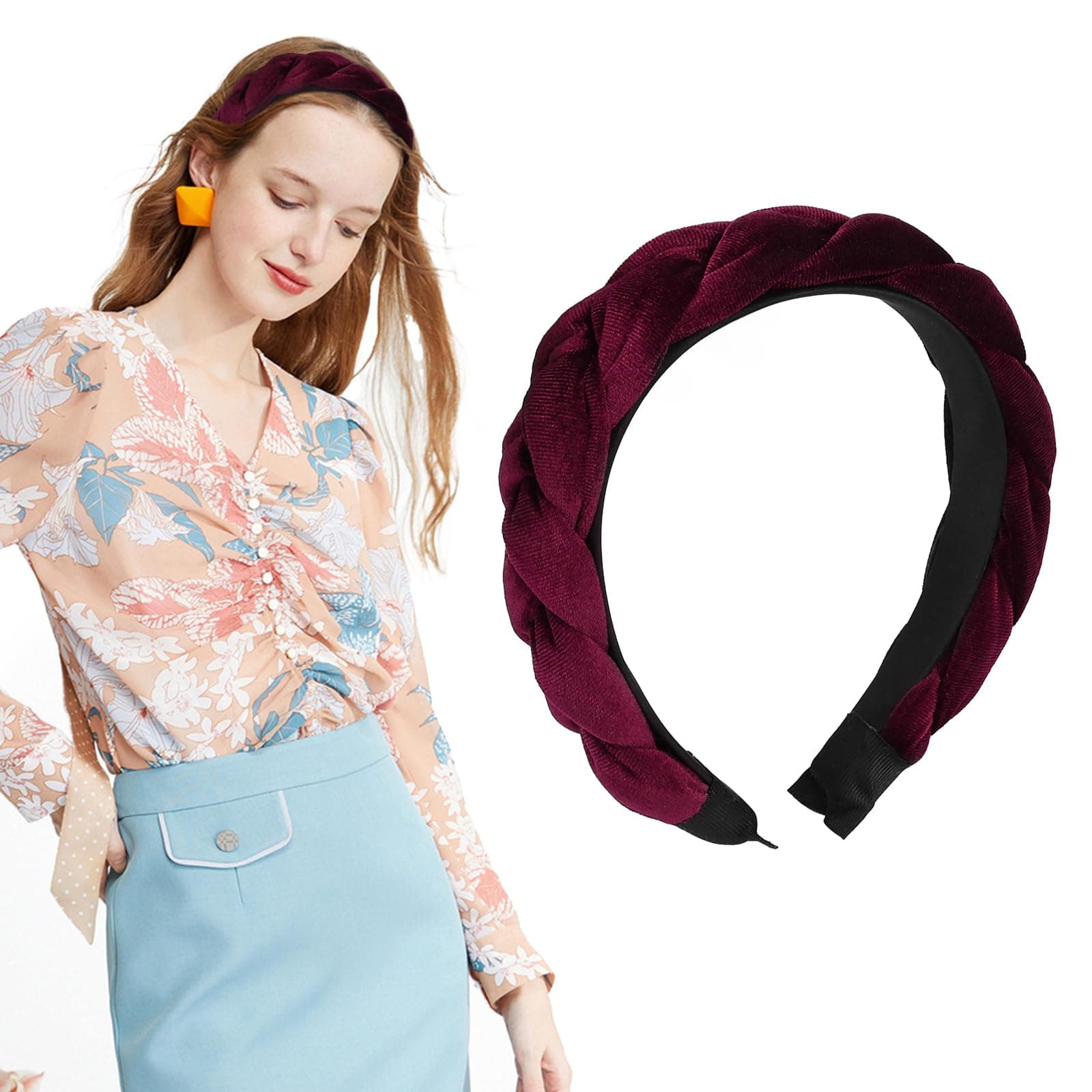 Haarreif Samt Geflochten Haarreifen Damen Stirnband Breit Haarband Vintage Gepolsterte Haarreifen Mode Stirnbänder Haarschmuck Kopfband für Frauen Mädchen Rot