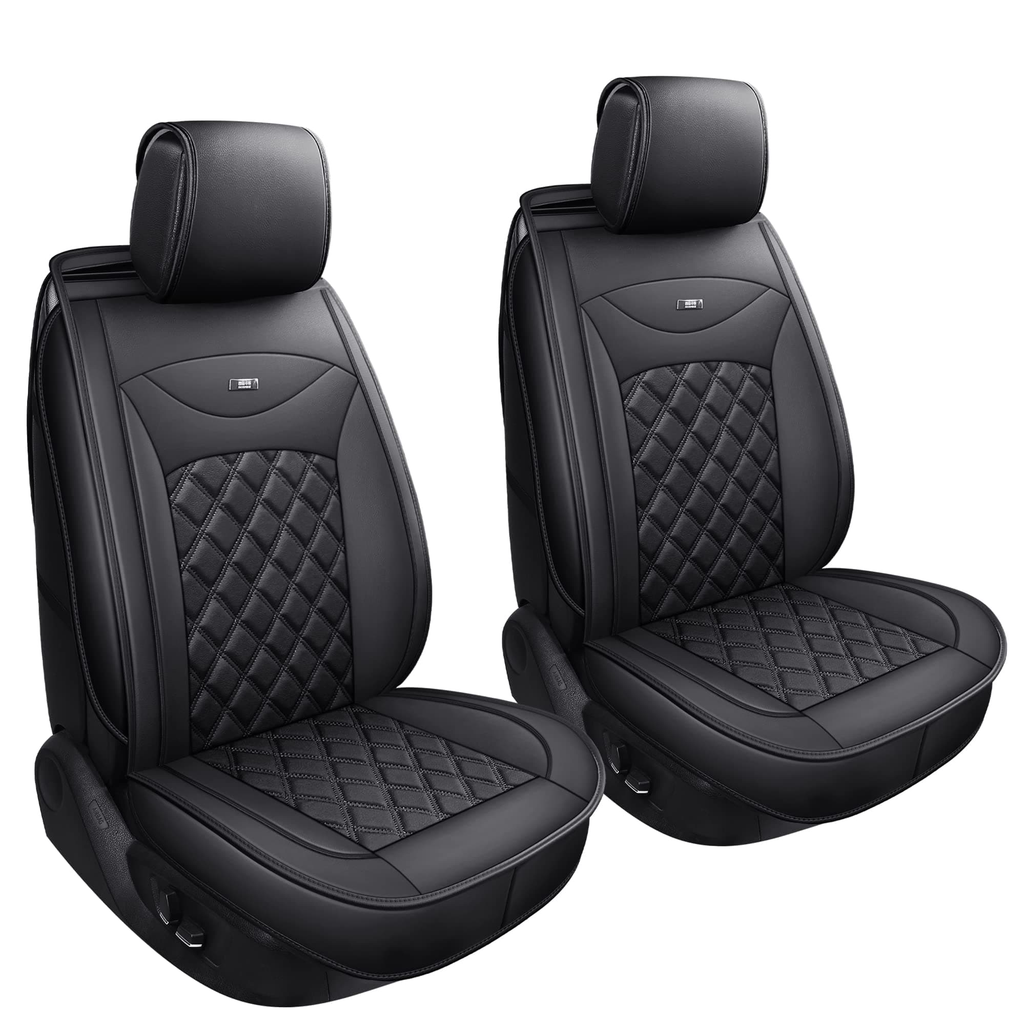 Udpomb 2 Stück Auto Vordersitzbezüge aus Leder in Schwarz mit Rhombus Motiv - Universelle Passform für Meisten Autos - Airbag kompatibel - Verschleißfestes Kunstleder - Einfache Installation Vordersitzbezüge Schwarzer Rhombus