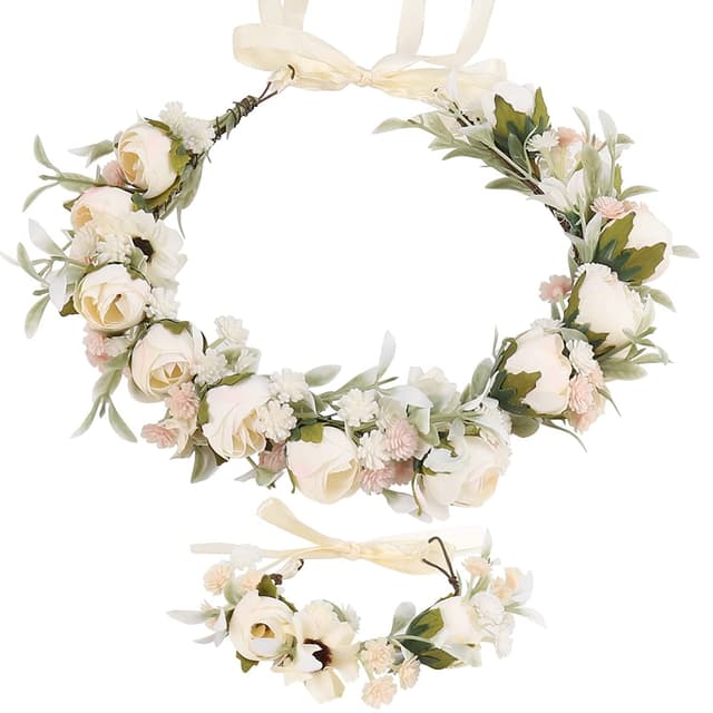 Blumenkranz Blume Krone Stirnband, Rose Braut Haarschmuck mit Armband-Set, GuKKK Blumenstirnband Verstellbarer Gürtel, Haarbänder Floral Girlande, für Damen Hochzeit Zeremonie Festival Party Strand Beige