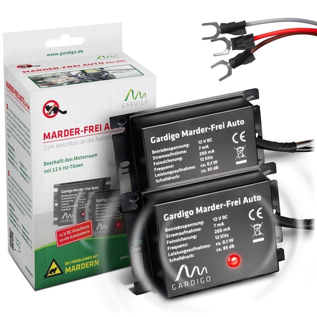 GARDIGO® Marder-Frei Auto - 2er Set I Marderschreck Auto Anschluss an 12V Autobatterie I 25 Jahre Erfahrung Ultraschall Marderabwehr | Marderschutz für Auto | Abwehr gegen Marder KFZ Marder vertreiben