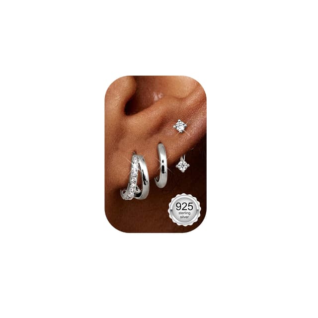 Finrezio 3 Paar Ohrringe Silber 925 für Damen Creolen Silber Gold Ohrstecker Silber 925 Hypoallergen Ohrringe Klein Creolen Huggie Piercing Ohr Gold Silber Ohrringe Schmuck Gold