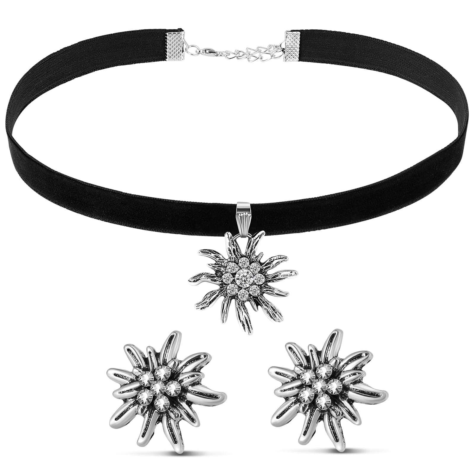 Sinmoe Damen Trachtenschmuck Set Edelweiß Halskette Elegante Trachtenkette und Ohrstecker Edelweiß Trachten Samt Kropfband Bayerisch Bierfest Dirndlschmuck Trachten Dirndl Accessoires Schwarz
