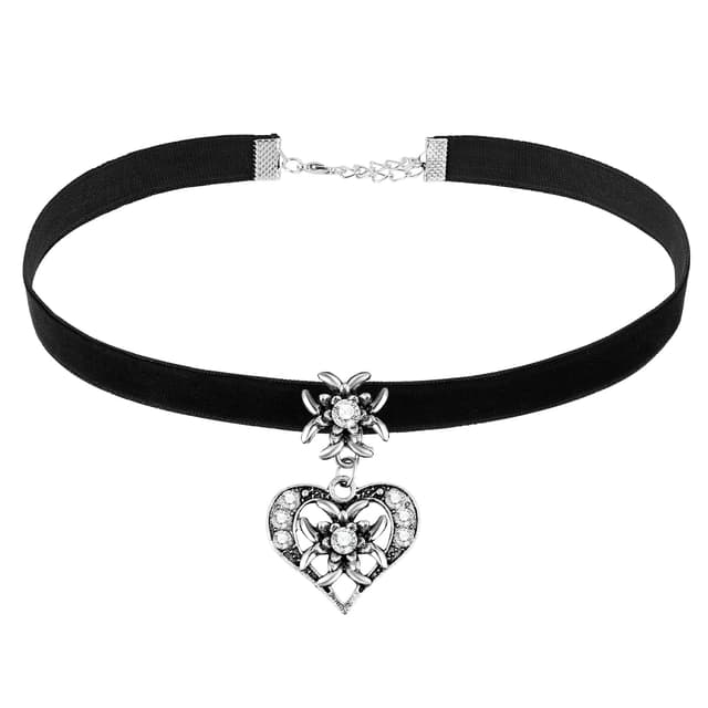 Herdear Bierfest Damen Trachtenkette Herz Edelweiß Halskette Elegantes Kropfband mit Strasssteinen Herz und Edelweiß Anhänger