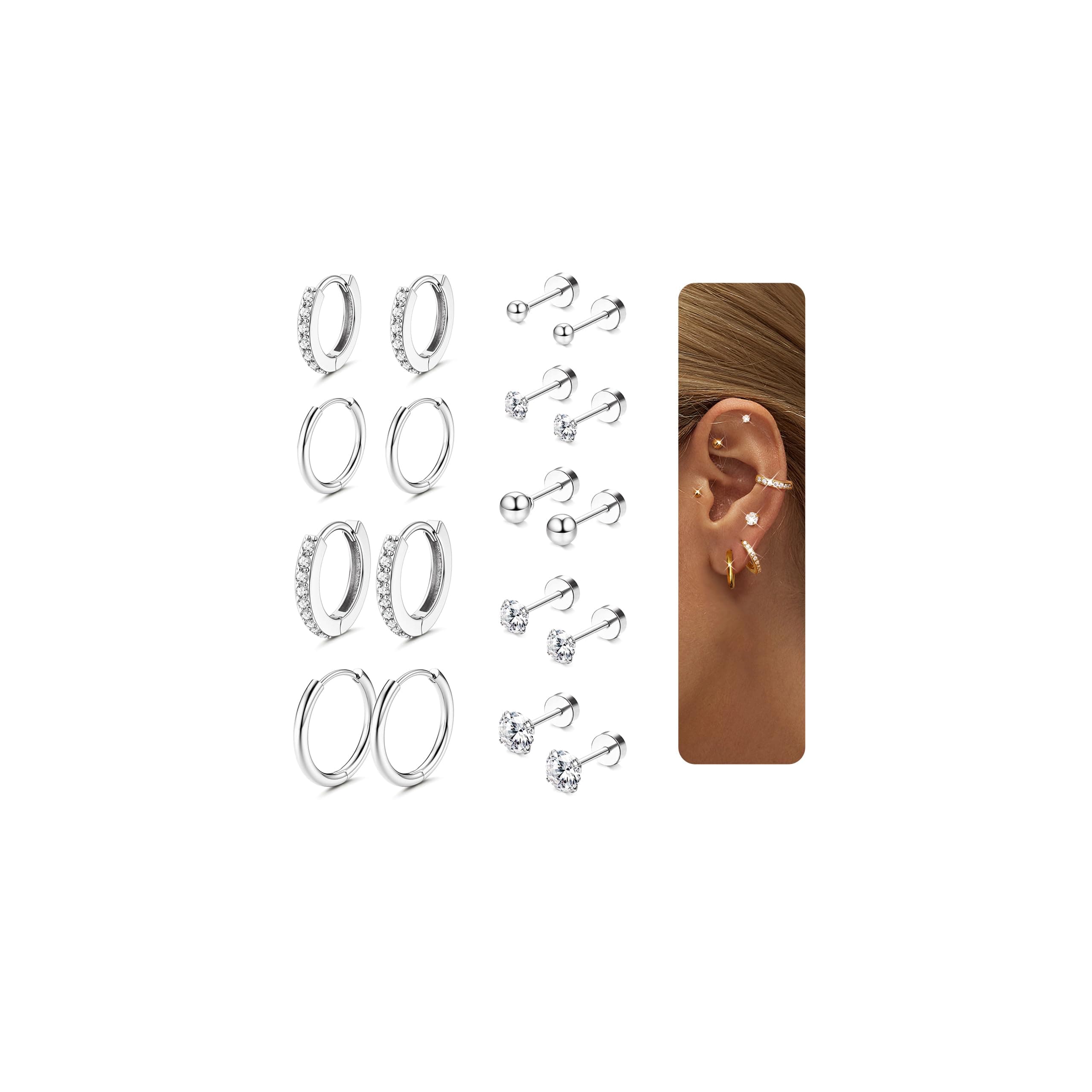 LOLIAS 9 Paar Ohrringe Set 316L Chirurgenstahl Medizinische Ohrstecker und Klein Creolen Ohrringe Set Hypoallergene 14K Vergoldet Tragus Helix Piercings Ohr Damen Herren Gold Silber