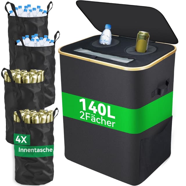 DanzeyGreen 140L Pfandflaschen Sammelbehälter mit Deckel,2 Fächer,4 Flaschentaschen,Großer Pfandbehälter,Flaschensammler leergut geeignet für Küche und Speisekammer,Schwarz 140L 4 bags