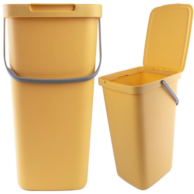 KADAX Abfallbehälter mit Deckel und Griff, Abfalleimer aus Plastik, Mülleimer für die Mülltrennung, Rechteckiger Abfallsammler mit Klappdeckel (Gelb, 25L) 25L Gelb
