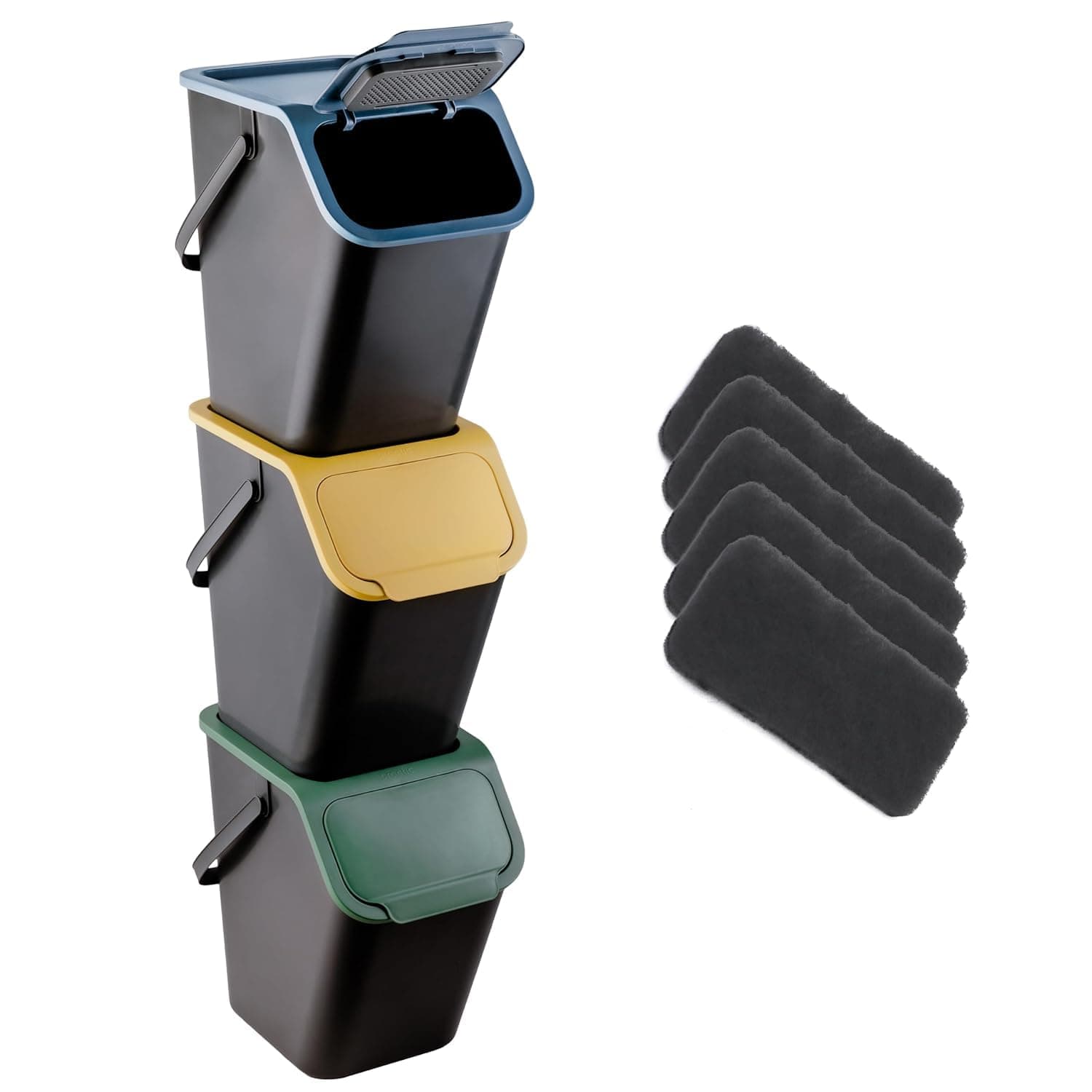 Go Practic Küchen Mülleimer mit Kohlefilter Set 3 Stück 25L mit Deckel, Mülltrennsystem, Abfallbehälter zur Trennung, Click-Funktion, Robuster, Kunststoff, Recycling Müllbehälter 3 Mülleimer mit Kohlefilter