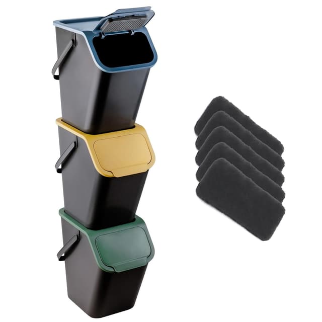 Go Practic Küchen Mülleimer mit Kohlefilter Set 3 Stück 25L mit Deckel, Mülltrennsystem, Abfallbehälter zur Trennung, Click-Funktion, Robuster, Kunststoff, Recycling Müllbehälter 3 Mülleimer mit Kohlefilter