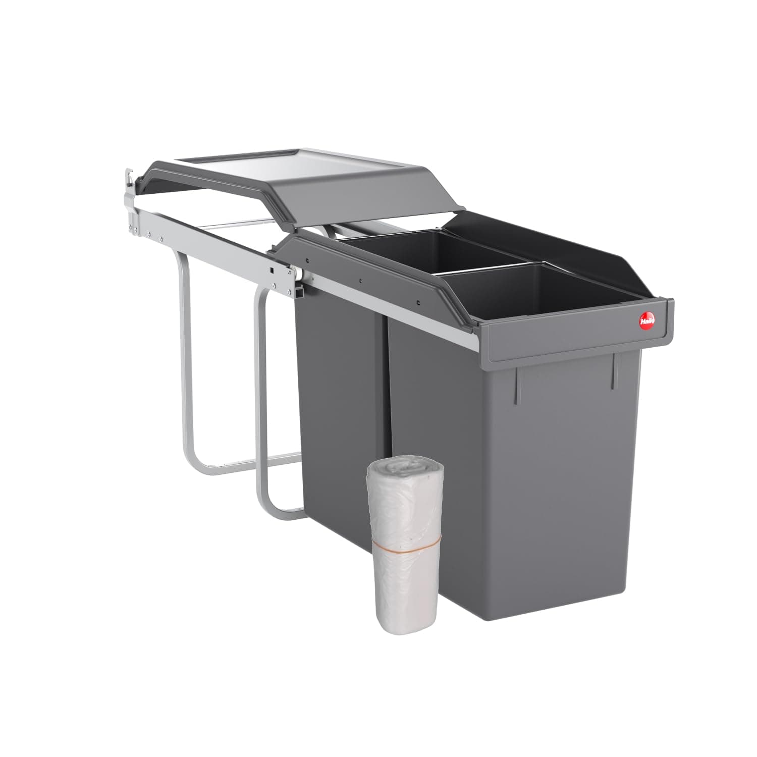 Hailo Abfallsammler Tandem 3650103 | 2fach Einbau-Mülleimer incl. 50 Müllbeutel | für Schränke ab 300 mm Breite | Bequemer Handauszug auf Rollenführung | Silber und Kunststoff Anthrazit