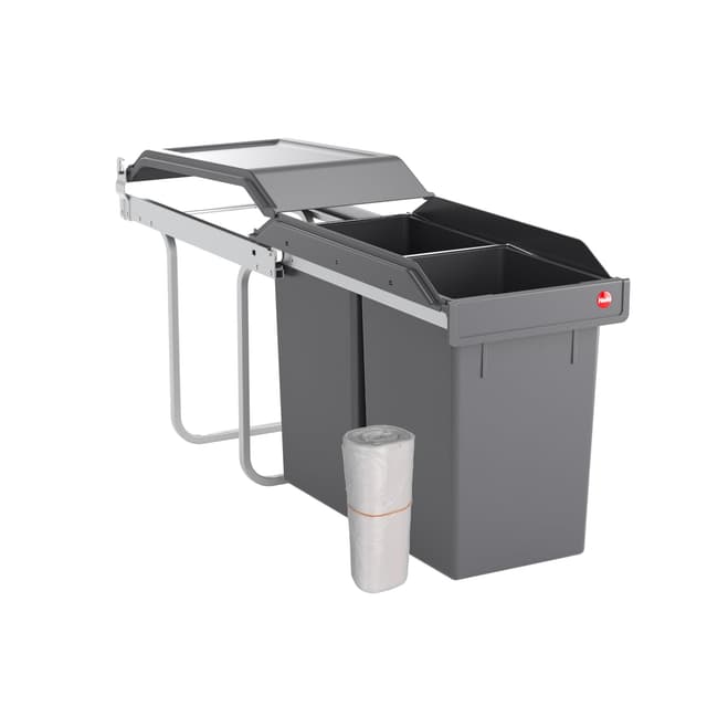 Hailo Abfallsammler Tandem 3650103 | 2fach Einbau-Mülleimer incl. 50 Müllbeutel | für Schränke ab 300 mm Breite | Bequemer Handauszug auf Rollenführung | Silber und Kunststoff Anthrazit