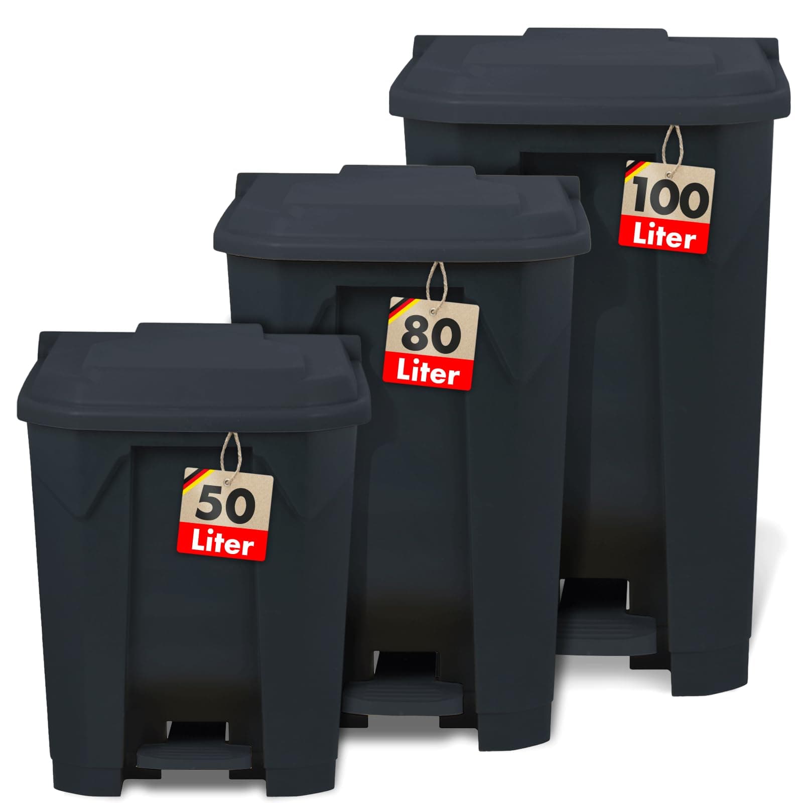 Floordirekt Mülleimer 80 Liter, grauer Deckel, Abfalleimer für Küche und Büro, Mülltrennsystem, Tretmülleimer mit Step-On-Mechanismus, Papierkorb, Mülltonne Olaf 80 Liter Grau