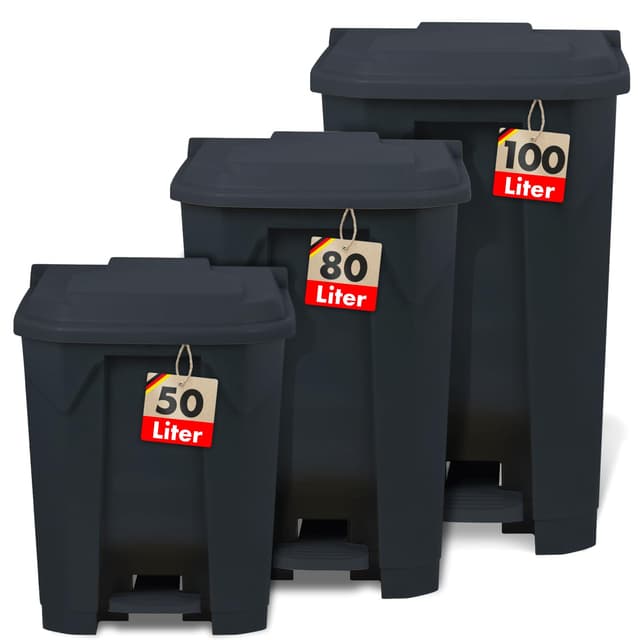 Floordirekt Mülleimer 80 Liter, grauer Deckel, Abfalleimer für Küche und Büro, Mülltrennsystem, Tretmülleimer mit Step-On-Mechanismus, Papierkorb, Mülltonne Olaf 80 Liter Grau
