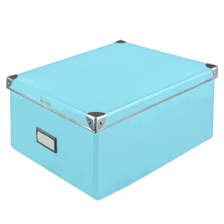 Idena 11009 - Aufbewahrungsbox aus festem Karton, Deckel mit verstärkten Kanten aus Metall, Allzweck-Box in Türkis inklusive Beschriftungsfeld, für Ordnung im Haushalt, Büro und Arbeitszimmer Angebot bei HelloDeals