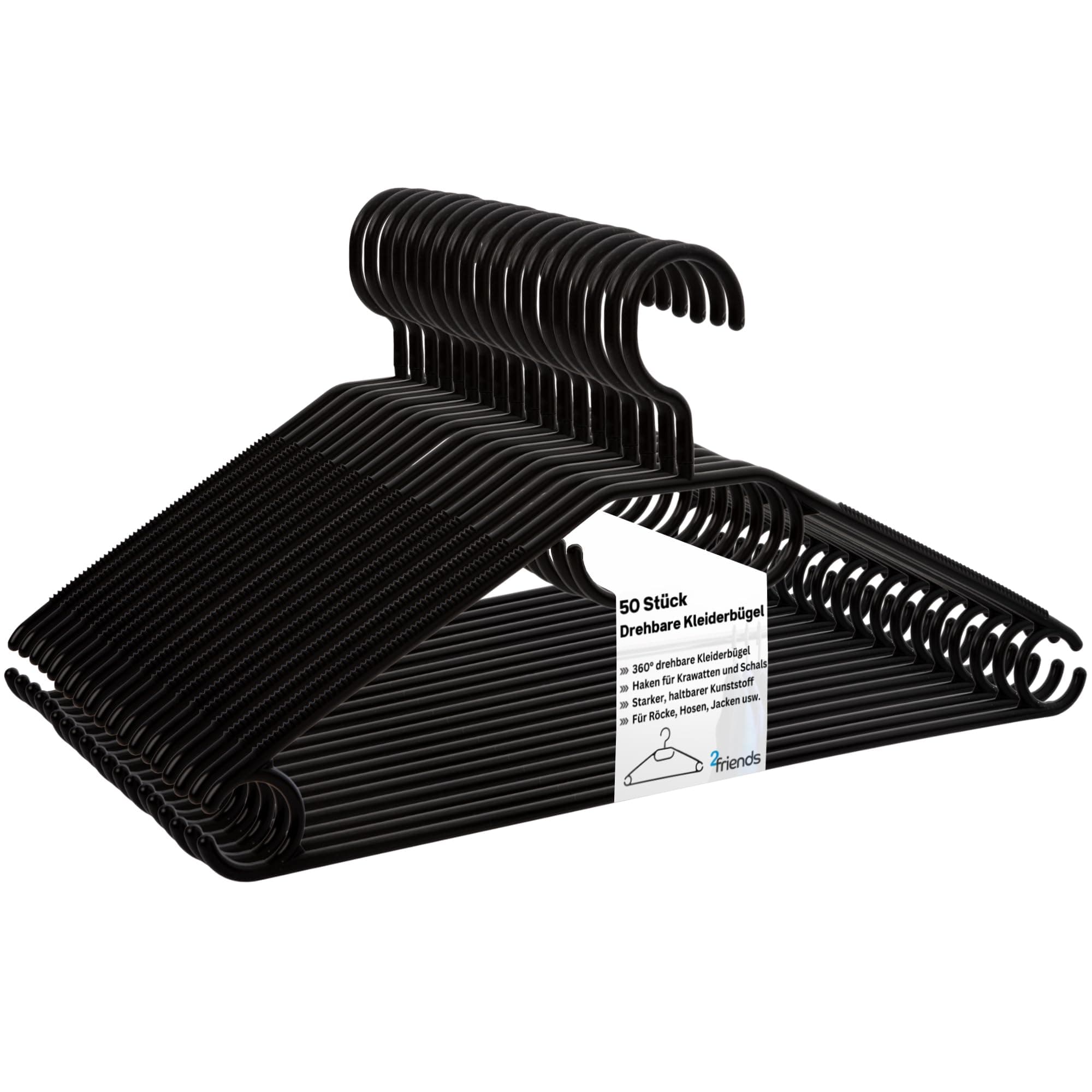 Kleiderbügel schwarz 50 Stück mit drehbaren Haken, Bügel, Kunststoff, Kleiderbügel Plastik schwarz, Made in EU, Kleiderbügel Haken platzsparend, 100% Recyclingmaterial