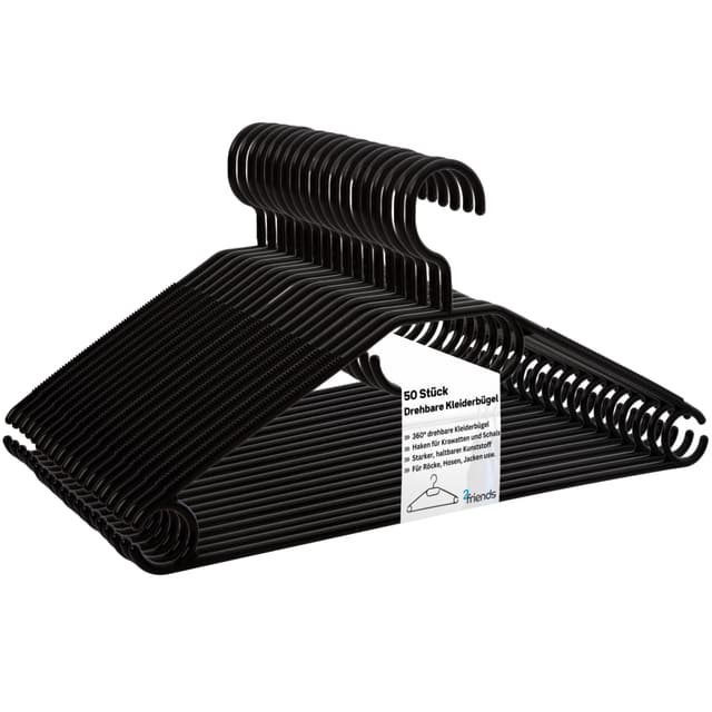 Kleiderbügel schwarz 50 Stück mit drehbaren Haken, Bügel, Kunststoff, Kleiderbügel Plastik schwarz, Made in EU, Kleiderbügel Haken platzsparend, 100% Recyclingmaterial