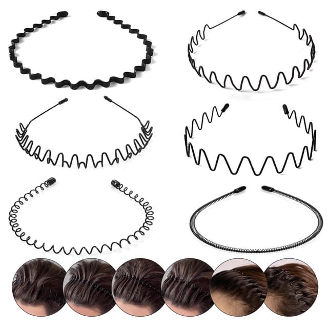 6 Stück Metallische Wellen Haarbänder, Elastische Stirnbänder für Frauen und Männer, Sportliche Kopfband Unisex, Dünnes Haarband für Outdoor, Yoga und Alltag schwarz 1 stück (6er Pack)