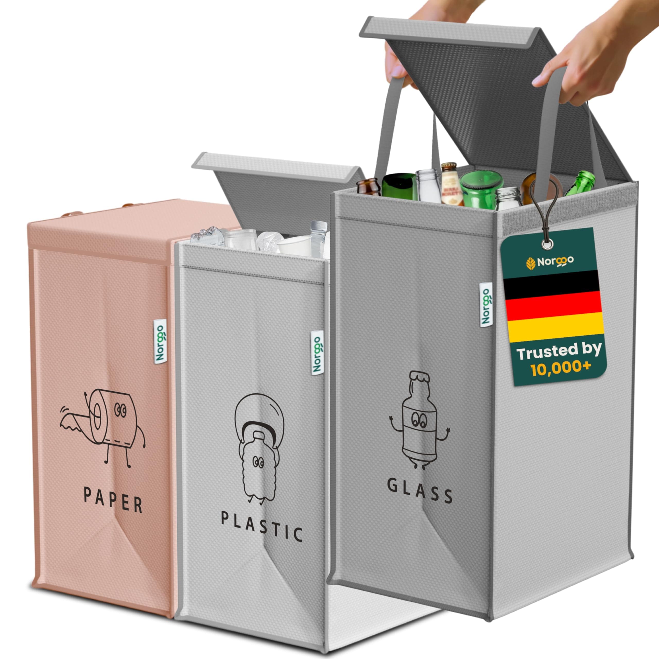 Norggo® Mülltrennsystem 3fach – Set aus 3 Mülltrennsysteme für Plastik, Papier und Glas – Recycling Behälter 40L mit Griff – Abfall & Recycling Lösung – Mülltrennsystem Küche – Altpapier & Altglas Mit Deckel Palermo