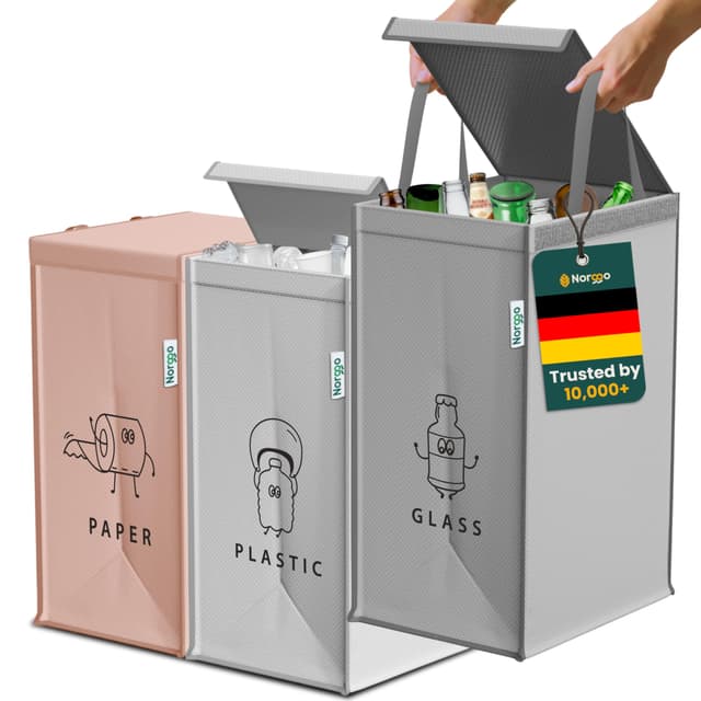 Norggo® Mülltrennsystem 3fach – Set aus 3 Mülltrennsysteme für Plastik, Papier und Glas – Recycling Behälter 40L mit Griff – Abfall & Recycling Lösung – Mülltrennsystem Küche – Altpapier & Altglas Mit Deckel Palermo