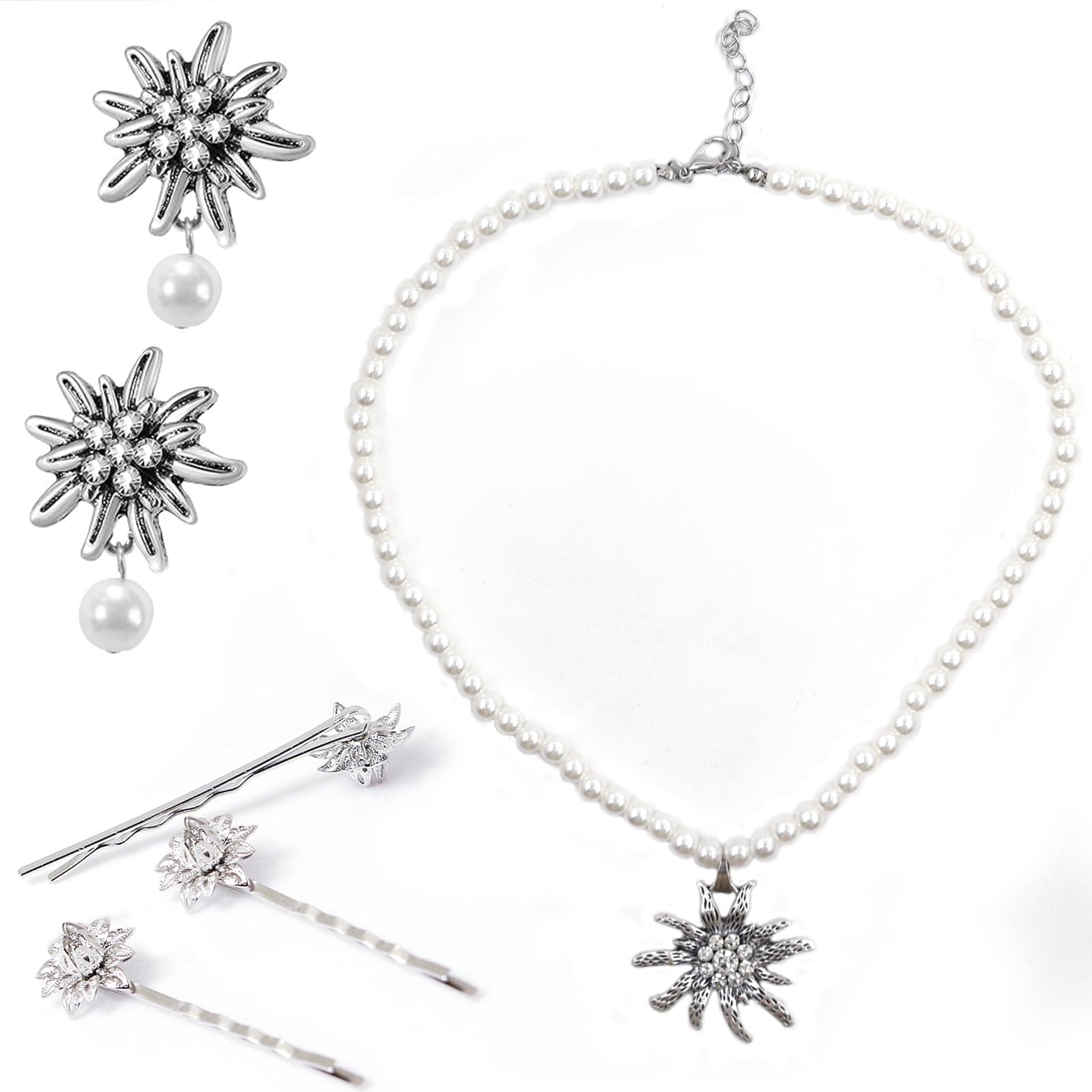 TaimeiMao Trachtenkette mit Strass Edelweiß Herz Anhänger, Edelweiß Armband und Edelweiß Ohrstecker (Anzug)