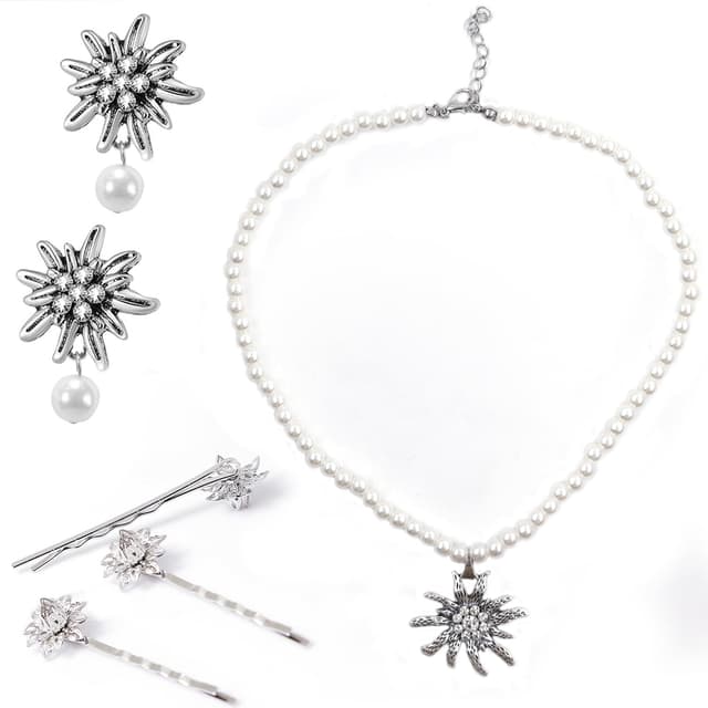 TaimeiMao Trachtenkette mit Strass Edelweiß Herz Anhänger, Edelweiß Armband und Edelweiß Ohrstecker (Anzug)