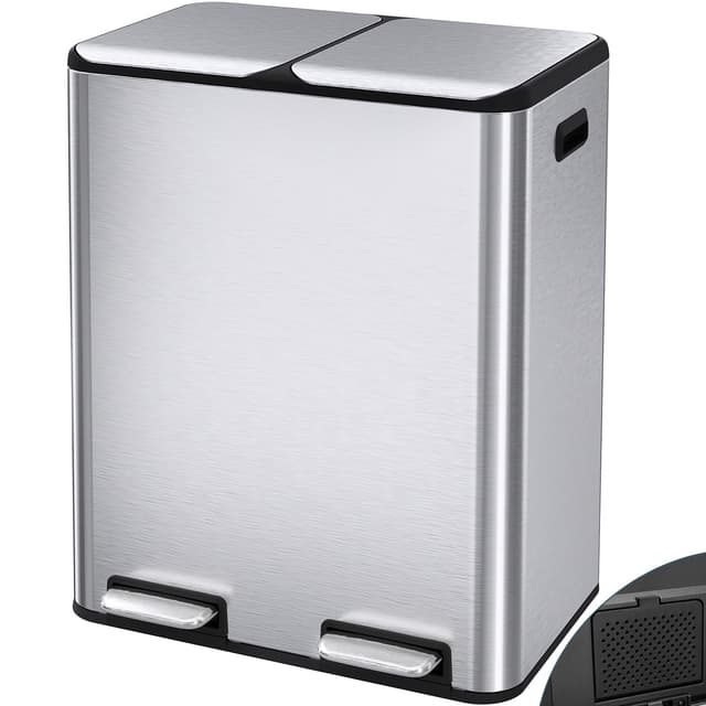 LIFERUN Mülleimer 2 Fächer, 2 x 30 Liter Treteimer mit Geruchsfilter, Deckel Geräuschlos, Inneneimer aus Kunststoff, Mülltrennsystem, Metall Doppelter Abfalleimer für Küche Büro, Silber