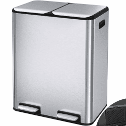 LIFERUN Mülleimer 2 Fächer, 2 x 30 Liter Treteimer mit Geruchsfilter, Deckel Geräuschlos, Inneneimer aus Kunststoff, Mülltrennsystem, Metall Doppelter Abfalleimer für Küche Büro, Silber