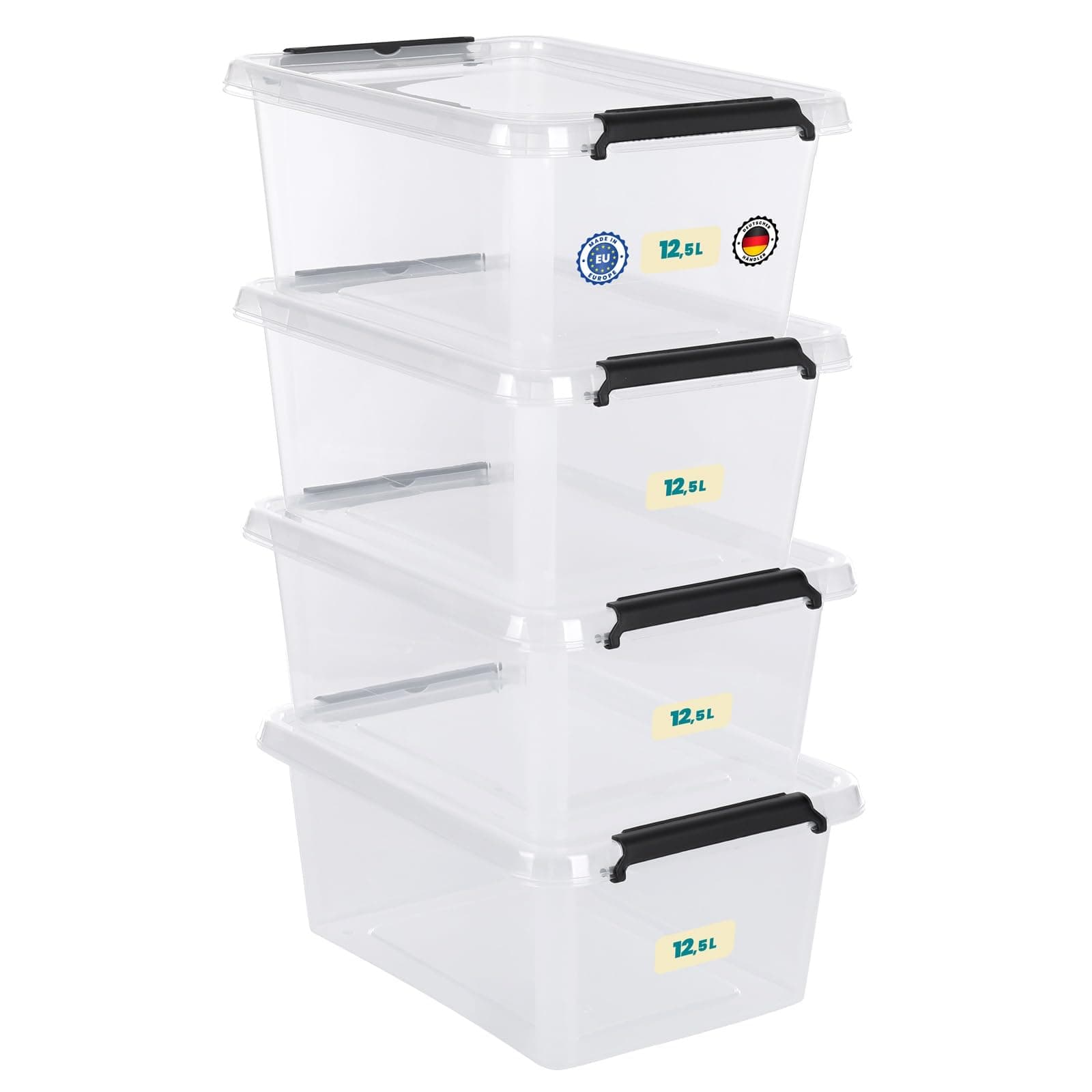 astor24 Aufbewahrungsboxen mit Deckel, 4x 12.5 L, transparente Boxen, lebensmittelechte Stapelboxen. Ideale Aufbewahrung für Büro, Kinderzimmer, Kleiderboxen -Plastikbox für Küche, Werkstatt 12.5 L | 4er Set