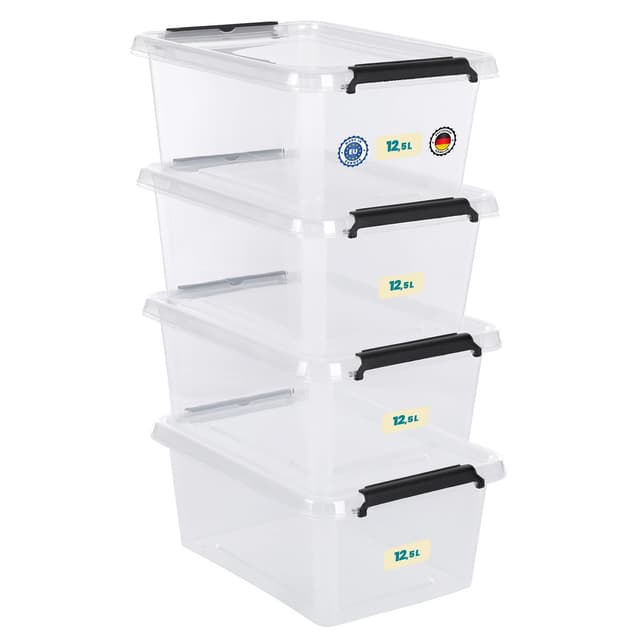 astor24 Aufbewahrungsboxen mit Deckel, 4x 12.5 L, transparente Boxen, lebensmittelechte Stapelboxen. Ideale Aufbewahrung für Büro, Kinderzimmer, Kleiderboxen -Plastikbox für Küche, Werkstatt 12.5 L | 4er Set