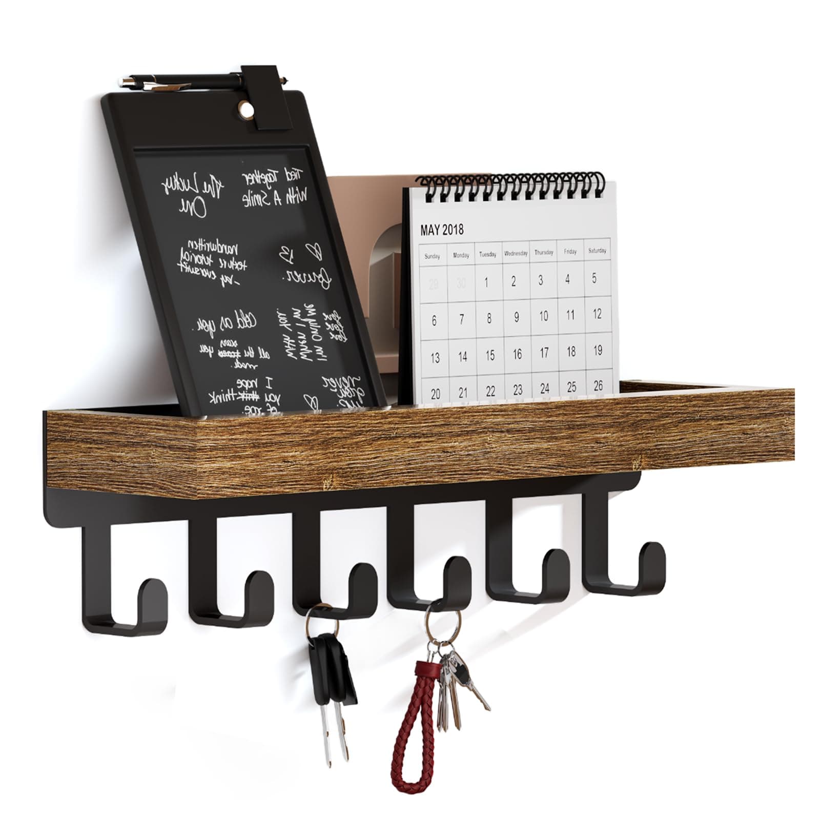 SWTYMIKI Schlüsselbrett mit Holztablett und 6 Haken - Multifunktionales Schlüsselhalter/Schlüsselboard, Schlüsselbrett mit Ablage für Flur, Schlafzimmer & Küche, Hängen Küchenbesteck 6 Haken Braun + Schwarz