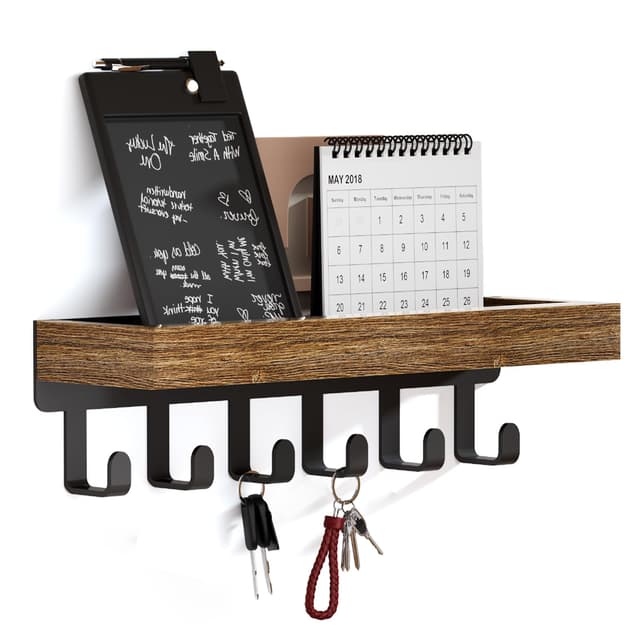 SWTYMIKI Schlüsselbrett mit Holztablett und 6 Haken - Multifunktionales Schlüsselhalter/Schlüsselboard, Schlüsselbrett mit Ablage für Flur, Schlafzimmer & Küche, Hängen Küchenbesteck 6 Haken Braun + Schwarz