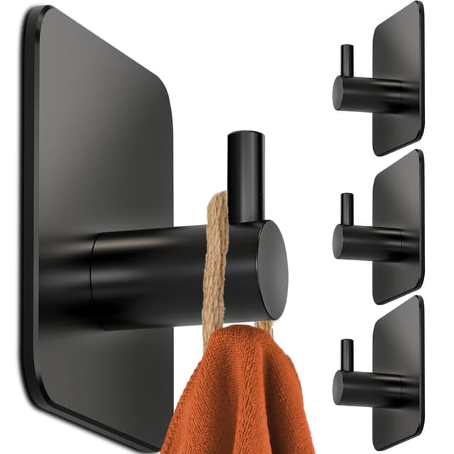 4smile Handtuchhalter ohne Bohren, 4er Set - Schwarze Edelstahl Klebehaken als Handtuchhaken, wasserdichte Haken selbstklebend - Rostfreie Badezimmer Handtuchhalter, Haken für Bad und Küche 4er Set Schwarz
