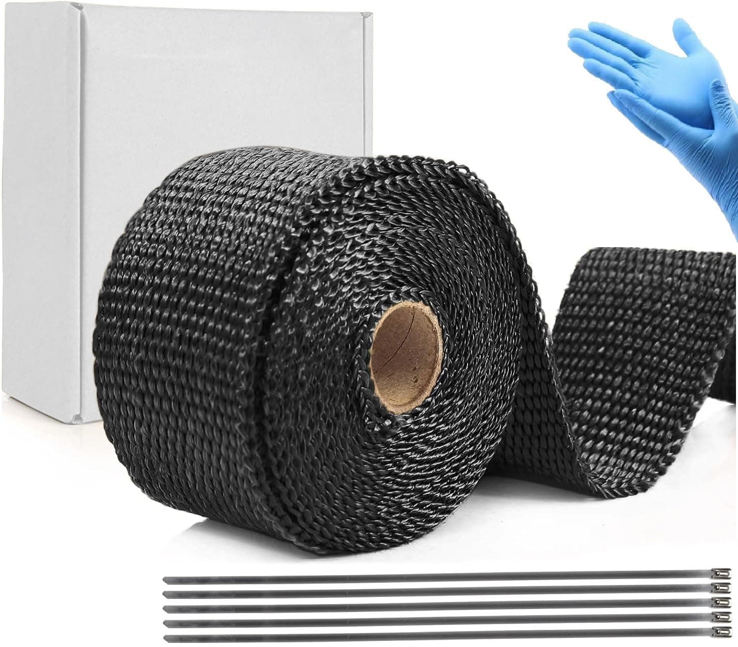 Yosugi 10M Hitzeschutzband Auspuff Dichtband Hitzeschutz mit 5 Kabelbinder Stainless Steel Cable Ties for Motorcycle Manifold, Thermal Tape, Manifold Tape(Schwarz) 10M*5CM