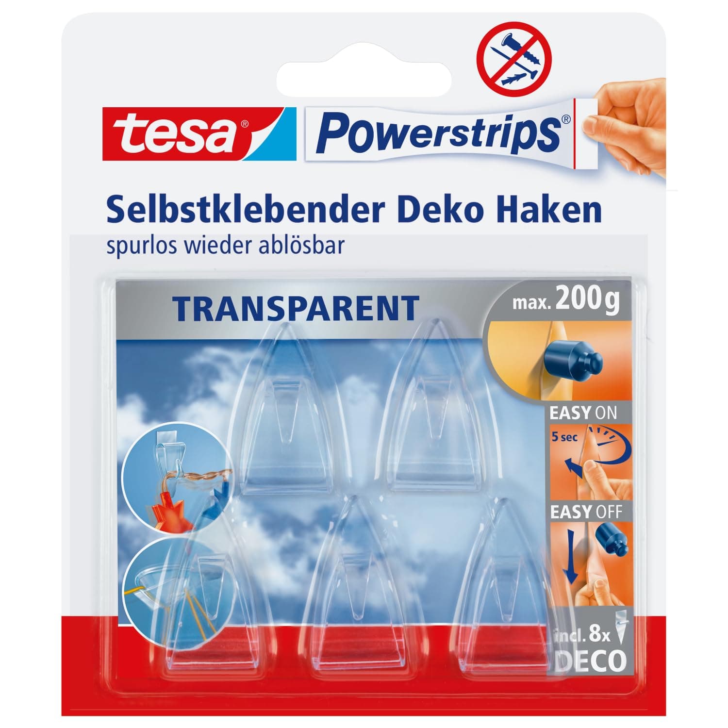 tesa Powerstrips DECO Haken SMALL - Klebehaken für Deko an Glas und Spiegel - bis zu 200 g Haltekraft 5x 0,2kg / Glas & Spiegel