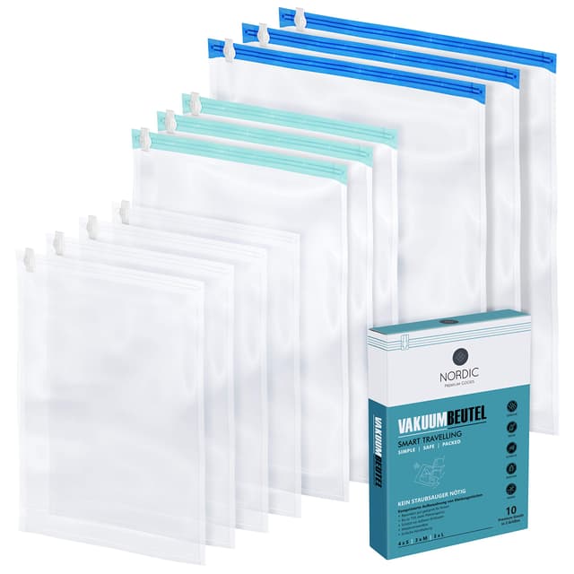 NORDIC Vakuumbeutel Reise (10er Set) in 3 Größen I Kompressionsbeutel I Reise Vakuumbeutel I Vakuumbeutel Kleidung I Vacuum Storage Bags I Rollen per Hand I ohne Staubsauger Zum Rollen 10er Set (S, M und L)