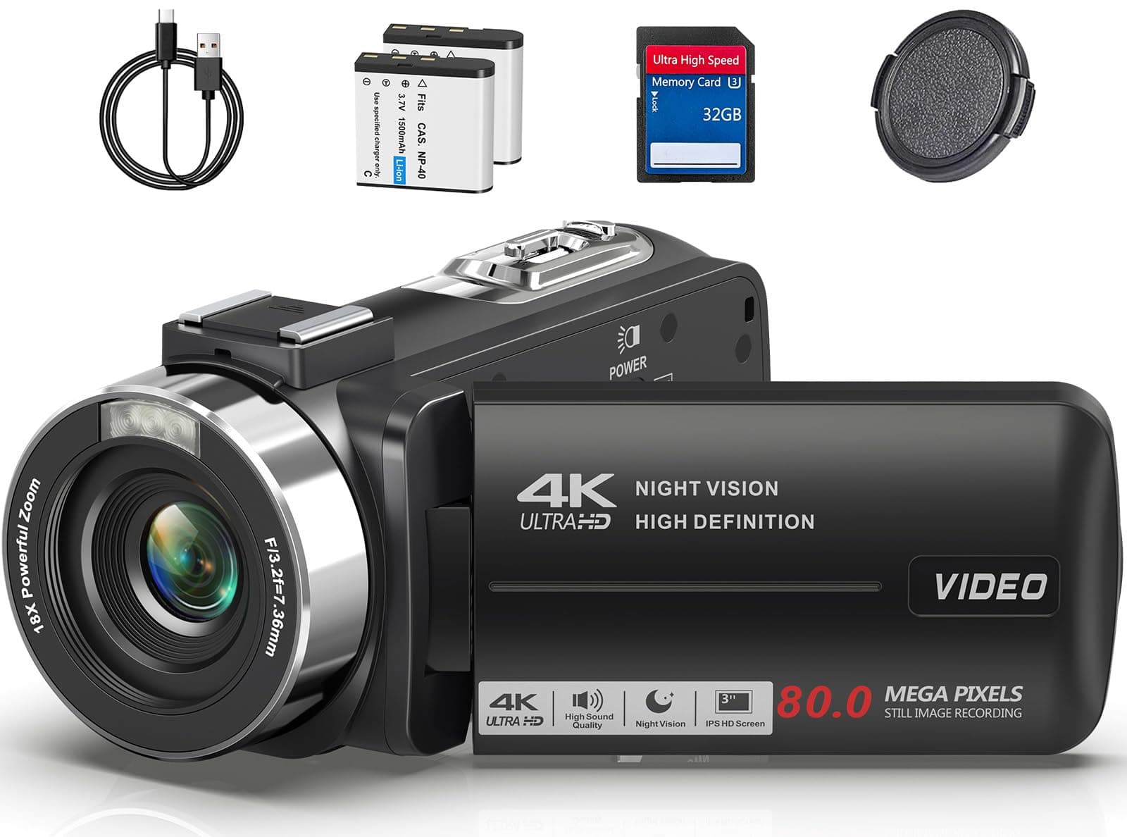 Videokamera 4K Camcorder HD 80MP 30FPS mit IR Nachtsicht, 18X Digitalzoom Webcam Videokamera, 3,0-Zoll 270° Drehung Ausgestattet IPS Screen Vlogging Kamera für YouTube mit 2 Akkus, 32GB SD Karte Sz Angebot bei HelloDeals