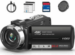 Videokamera 4K Camcorder HD 80MP 30FPS mit IR Nachtsicht, 18X Digitalzoom Webcam Videokamera, 3,0-Zoll 270° Drehung Ausgestattet IPS Screen Vlogging Kamera für YouTube mit 2 Akkus, 32GB SD Karte Sz Angebot bei HelloDeals