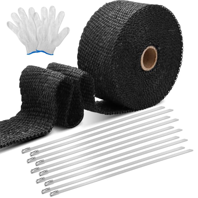 Hitzeschutzband Auspuff, 6M Auspuff Dichtband Hitzeschutzband Basaltfaser Auspuffband mit 10 Stück Edelstahl Kabelbinder, Auspuffband Hitzebeständig für Fächerkrümmer Motorrad Auto, Schwarz 6M x 5cm Schwarz