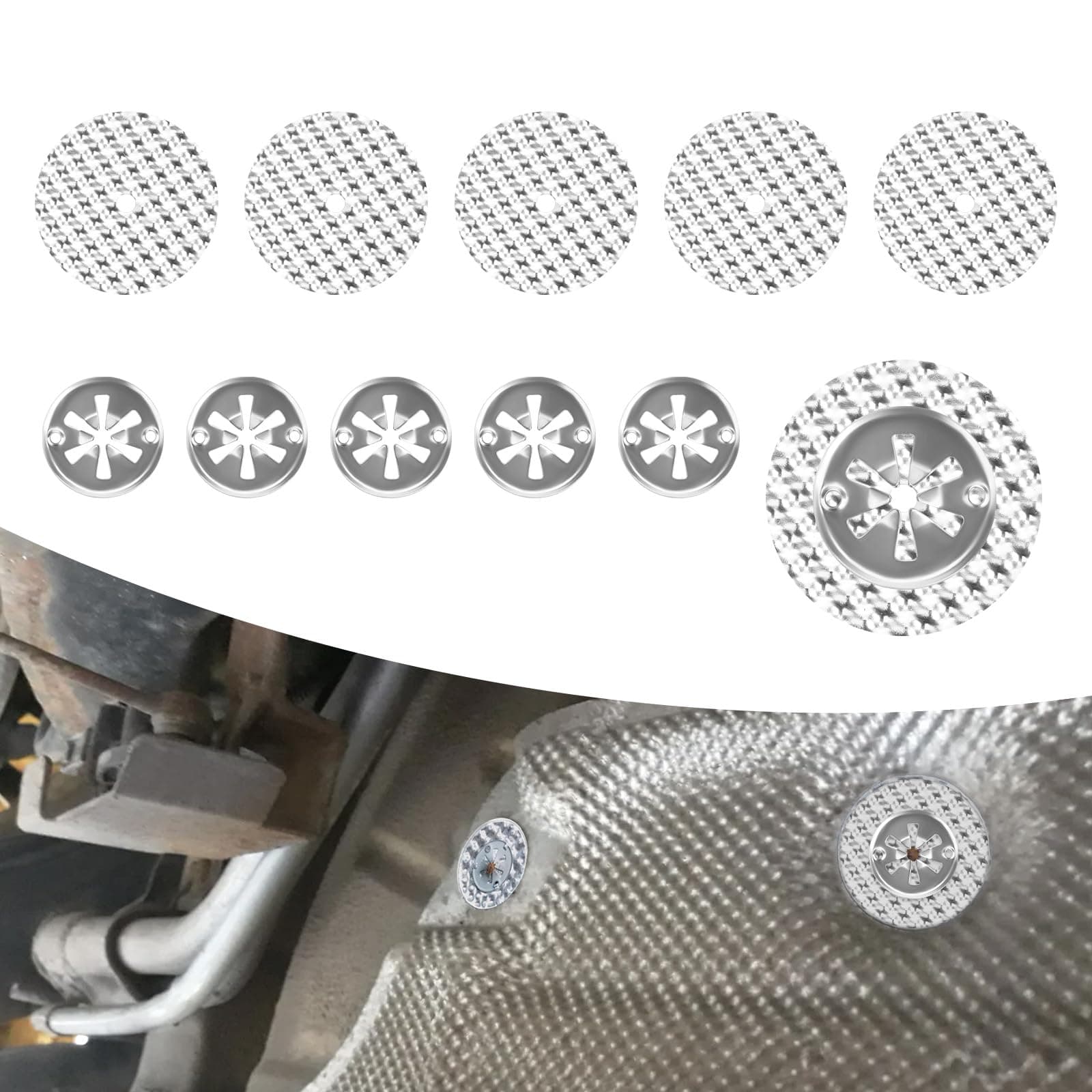 JESTOP 10 Stück Hitzeschutzplatte Reparatursatz für Auto Für Audi VW OEM N90335004, 5 Sätze Hitzeschutzblech Auspuff Reparatursatz für Fahrzeug, 30mm Sicherungsscheiben, 52mm Hitzeschutzblech