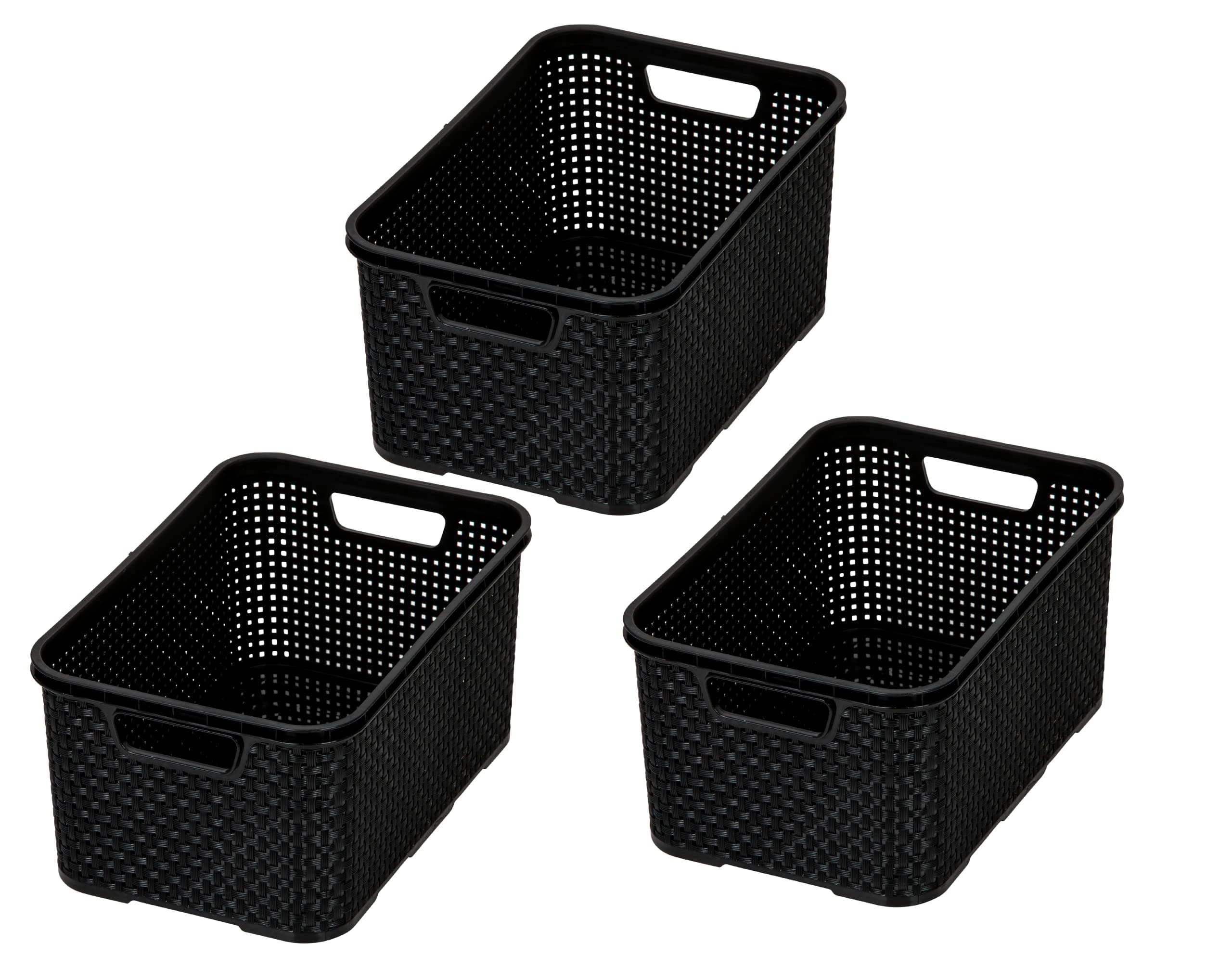 BranQ - Home essential Korb in Rattan Design 3er Set Grösse M 10 l, BPA-frei Kunststoff PP, Schwarz, 28,8x19,7x16,2 cm, 3 Stk. 10 l Schwarz