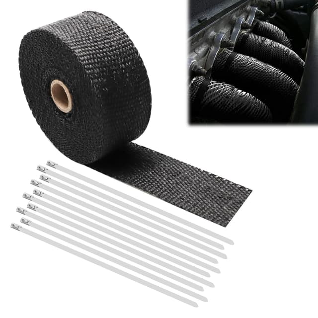 Schwarzes Auspuffband, Auspuff-Hitzeschutzband, Basaltfaser-Isolierband, Hitzebeständiger Auspuffverband, Mit 10 Kabelbindern, Geeignet für Motorrad- und Auto-Auspuffkrümmer, Auspuffanlagen