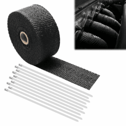 Schwarzes Auspuffband, Auspuff-Hitzeschutzband, Basaltfaser-Isolierband, Hitzebeständiger Auspuffverband, Mit 10 Kabelbindern, Geeignet für Motorrad- und Auto-Auspuffkrümmer, Auspuffanlagen