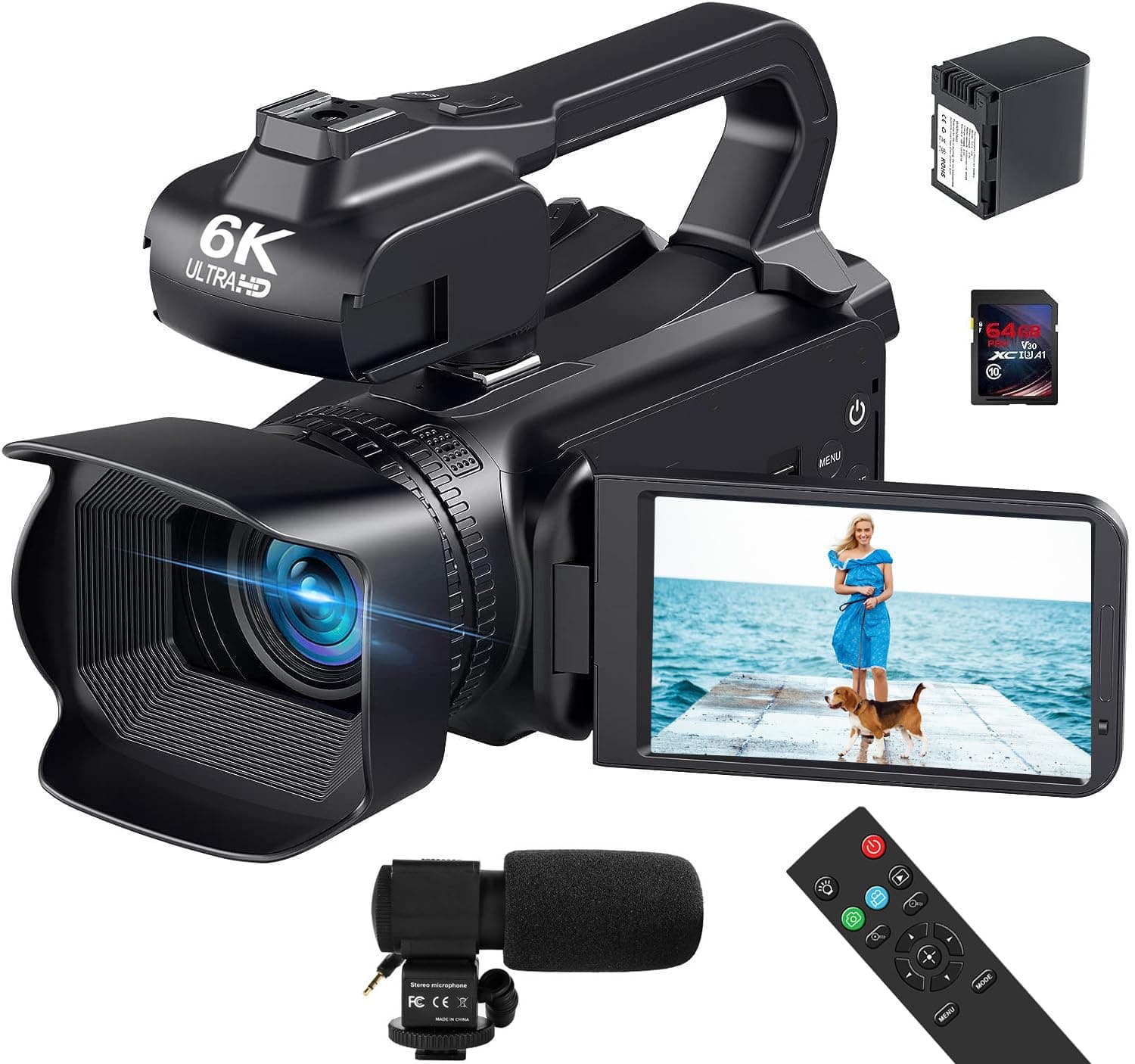 Videokamera 6K 64MP Camcorder für Vlogging, IR Nachtsicht YouTube Kamera WiFi Videocameras, 4.0-Zoll Touchscren 18X Digitalzoom Webcam Camera mit Mikrofon, Batterie, Handstabilisator und Fernbedienung SZ95