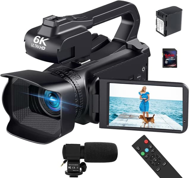 Videokamera 6K 64MP Camcorder für Vlogging, IR Nachtsicht YouTube Kamera WiFi Videocameras, 4.0-Zoll Touchscren 18X Digitalzoom Webcam Camera mit Mikrofon, Batterie, Handstabilisator und Fernbedienung SZ95