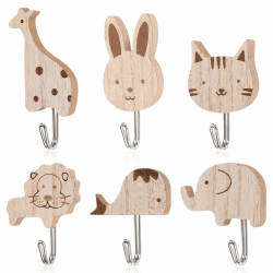HJZHII 6 Stück Süße Tier Kleiderhaken, Selbstklebende Hölzerne Tier Cartoon Wandhaken Elefant Wal Katze Löwe Kaninchen Giraffe Garderobenhaken Kinder Für Schlafzimmer Badezimmer Küche Stil 1