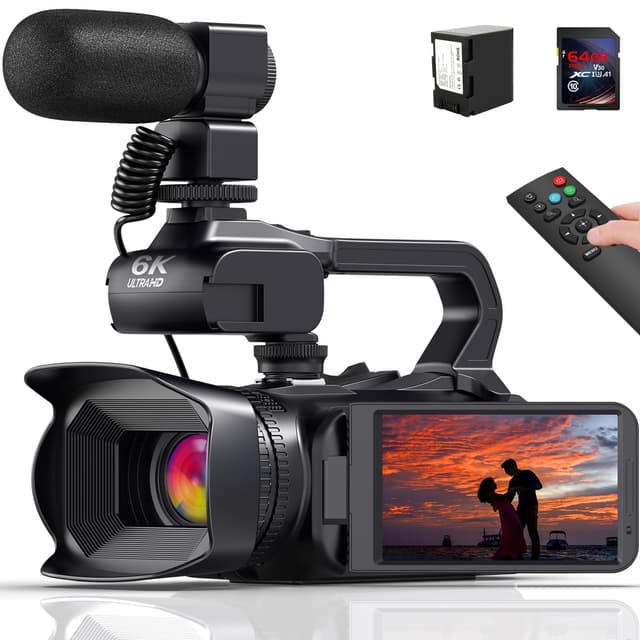 Videokamera Camcorder 6K 64MP 18X Digitalzoom Vlogging Camera mit IR Nachtsicht für YouTube, HD Webcam WiFi Video Kamera Recorder mit 4500mAh Akku, SD-Karte, Stabilisator, Mikrofon und Fernbedienung Schwarz