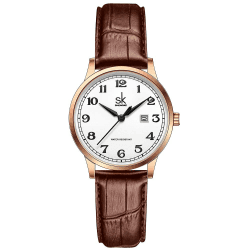 SHENGKE SK Klassische Business Damenuhren mit Edelstahlband und eleganter Damenuhr aus echtem Leder Rosegold-brown