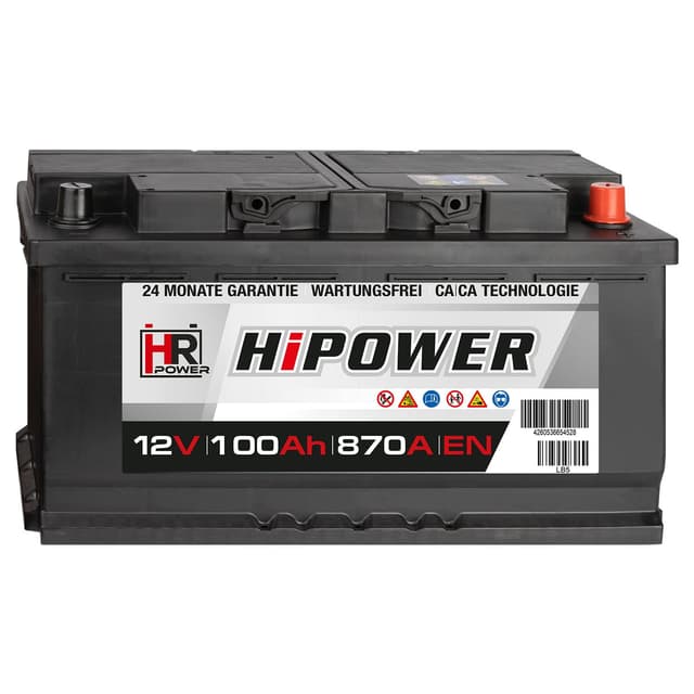 HR HiPower Blei-Säure 100Ah 12V 870A/EN Autobatterie mit bewährter Calcium-Calcium-Technologie (Ca/Ca)