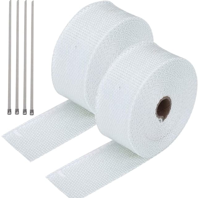 Mengger 2 Stück 10m Hitzeschutzband Auspuffband Weiß Aluminium hitzeschild hitzeschutz Auspuff Band Auto Motorrad Basaltfaser mit 4pcs Kabelbinder für Fächerkrümmer Thermoband Krümmerband