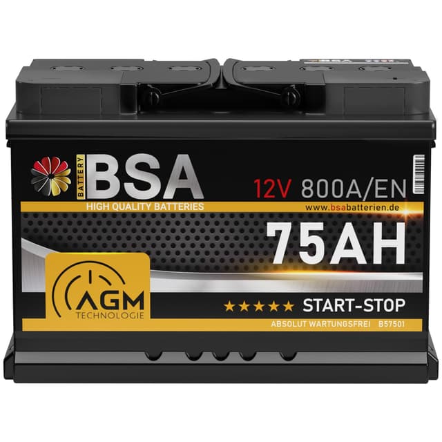BSA AGM Autobatterie 12V 75Ah 800A/EN Start-Stop Batterie Starterbatterie VRLA statt 70Ah 72Ah 74Ah 75Ah 12V