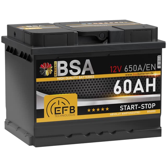 BSA EFB Batterie 60Ah 12V 650A/EN Start Stop Batterie Autobatterie Starterbatterie ersetzt 55Ah